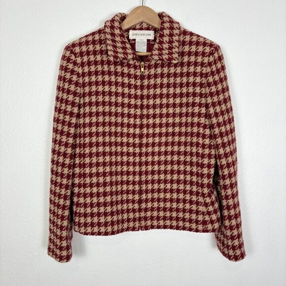Jones New York Size: 14 VTG Red and Tan Houndstooth Jacket Wool and Alpaca Blend - Picture 2 of 11